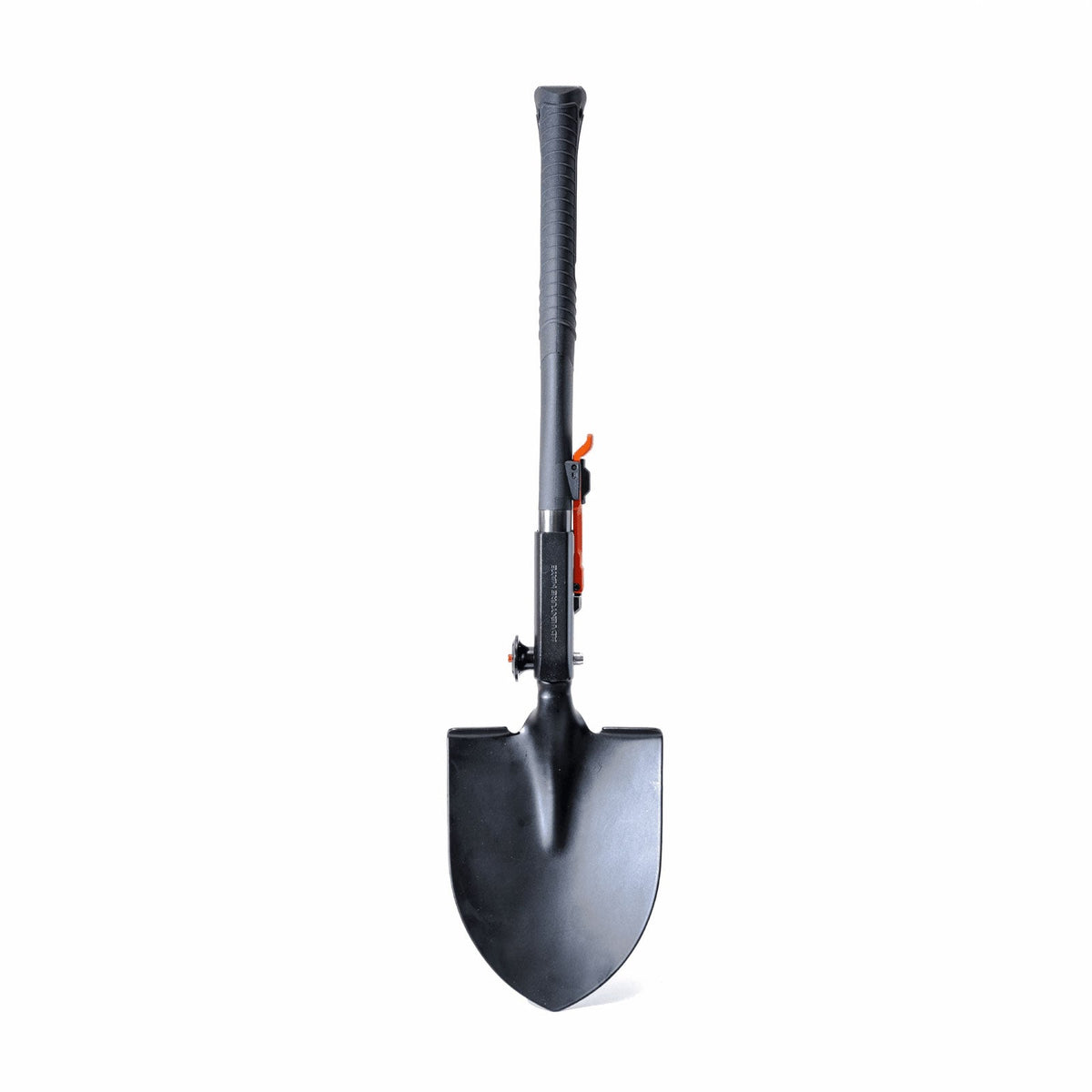 Adventure Mate multitool assembled as a long-handled shovel, standing upright on white