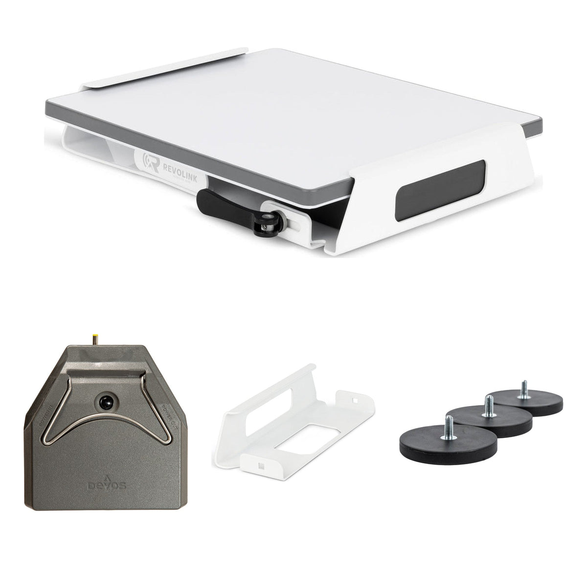 Revolink quick release mount with white battery bracket, Devos AMPak 145 battery and three rubber-coated magnets