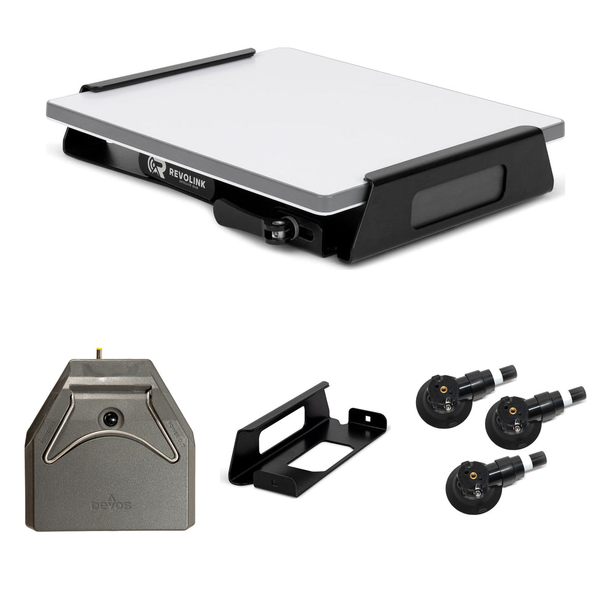 Revolink quick release mount with black battery bracket, Devos AMPak 145 battery and three suction cups