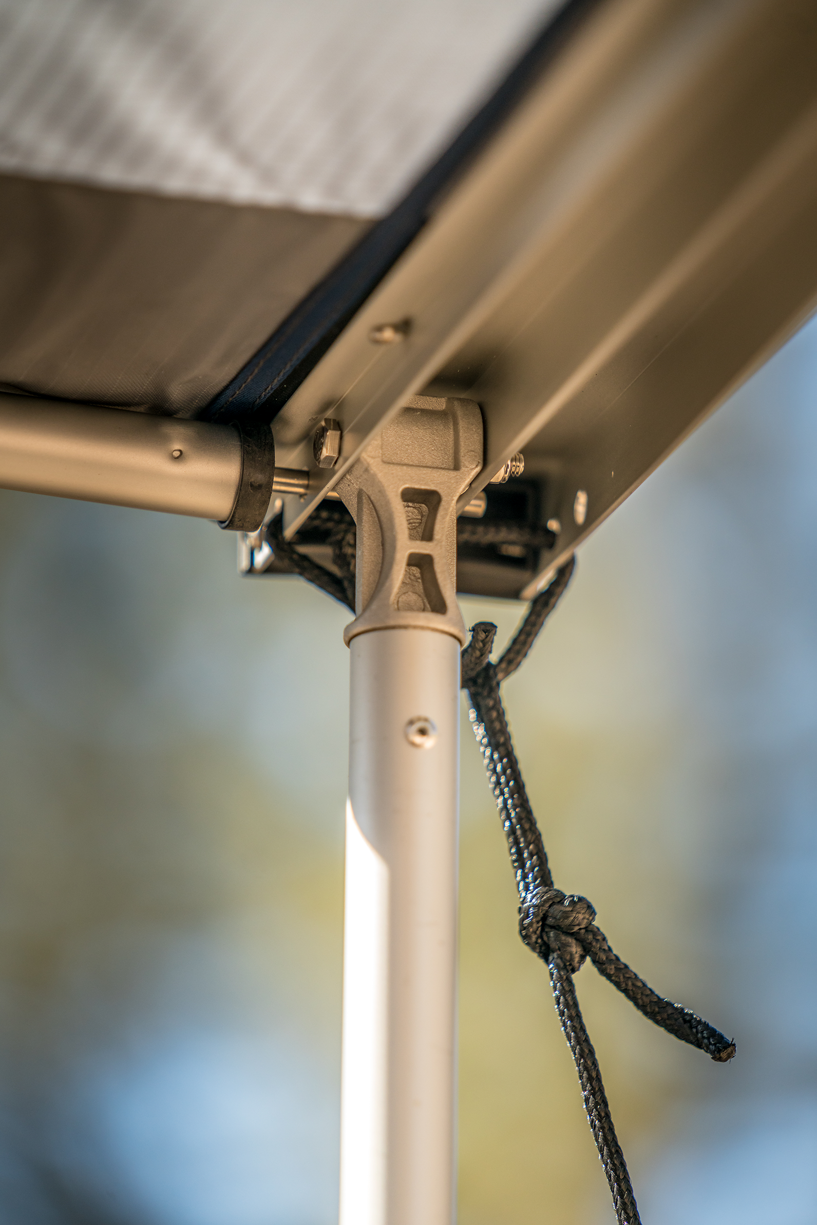 Cast aluminum joint detail on the ROAM awning 6061 aluminum frame
