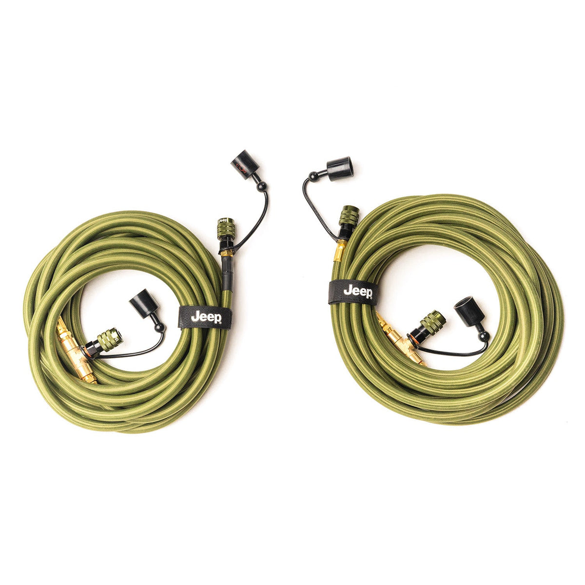 Both coiled hoses of the Jeep Rapid Multi-Tire Air System with Jeep-logo hook-and-loop straps, shown side by side
