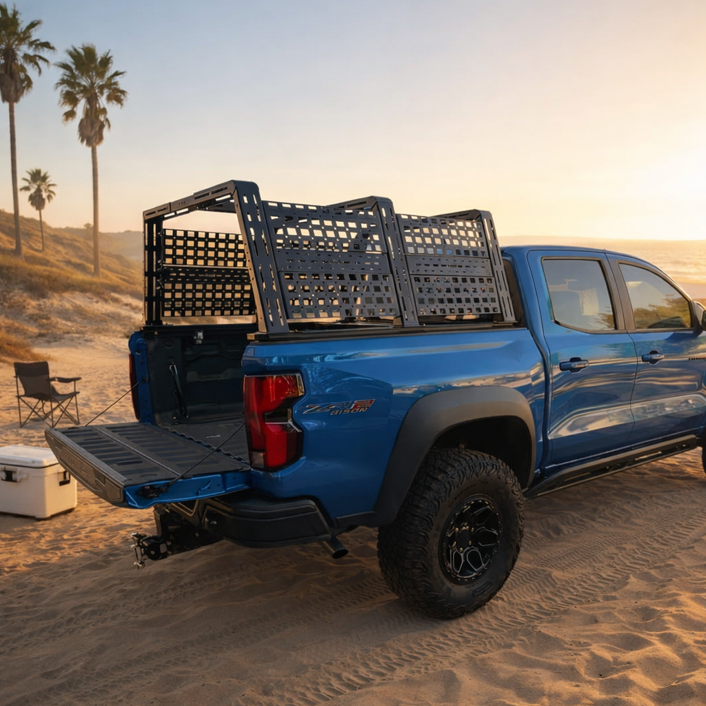Blue Chevy Colorado ZR2 with HMOR ROCK-IT rack on a beach at sunset