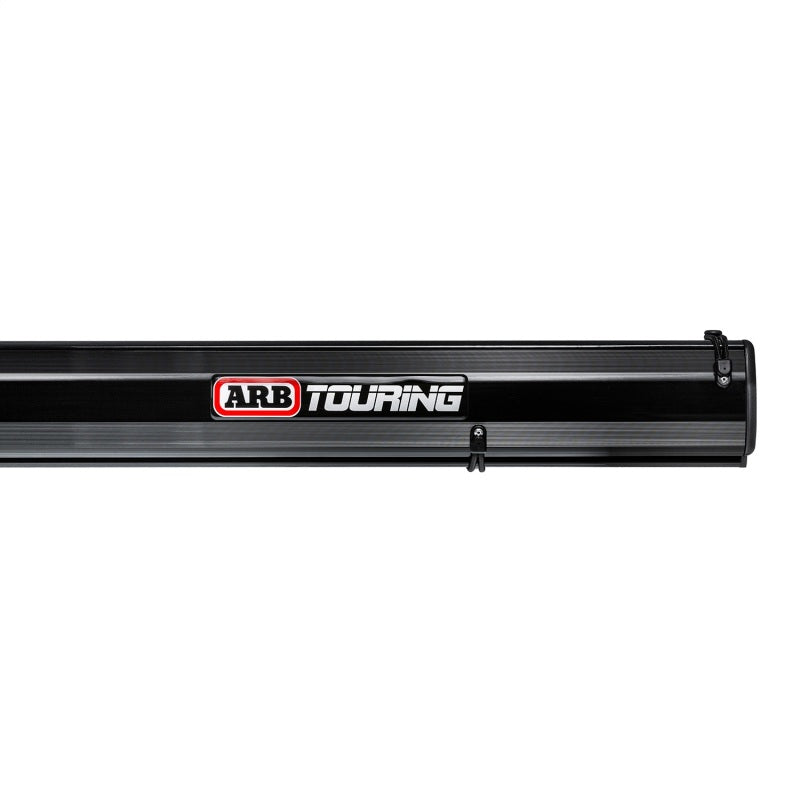 ARB awning black aluminum frame extended from a roof rack