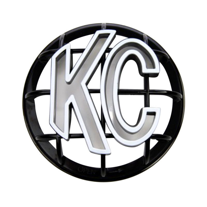 KC HiLiTES 5in Round ABS Stone Guard for Apollo Lights - Black w/White Logo (Single), detail view