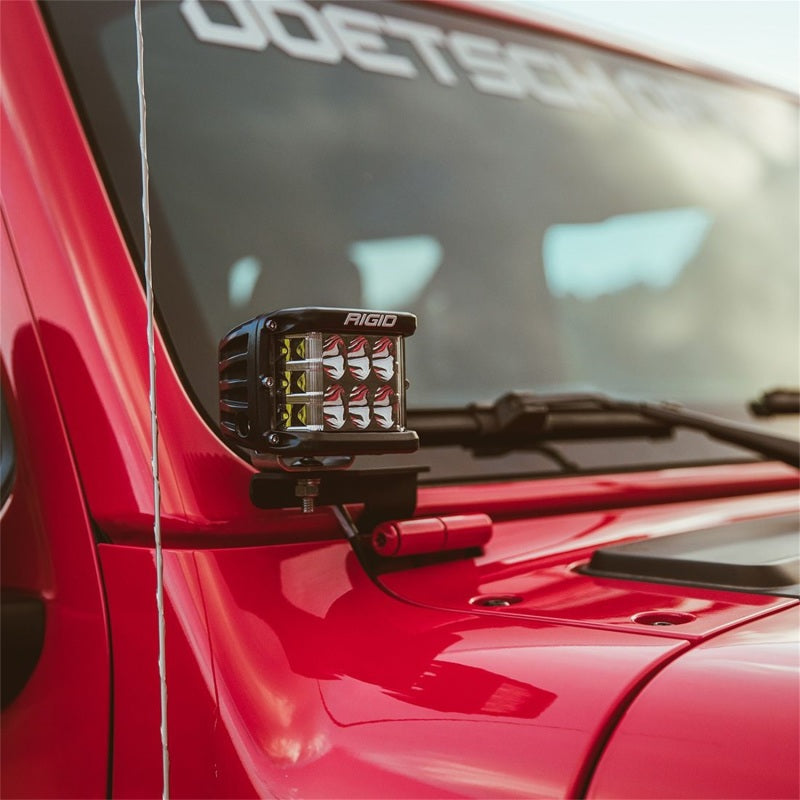 RIGID A-Pillar mount installed on a Jeep Wrangler JL windshield pillar