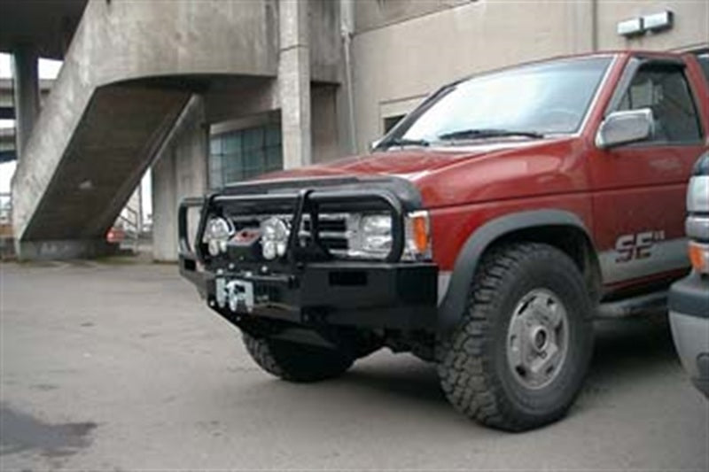 ARB winch bull bar fitted to a Nissan D21 pickup, front three-quarter view