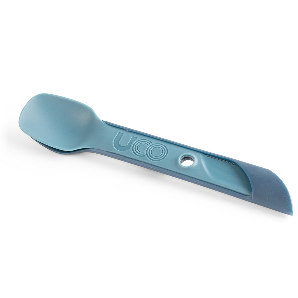Steel blue UCO Switch Spork shown extended in long-handled mode