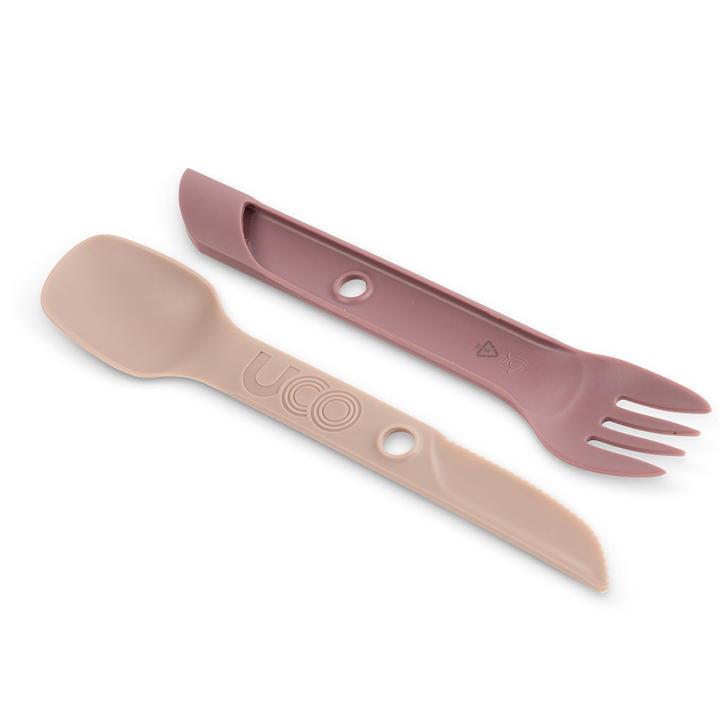 Mauve UCO Switch Spork shown both folded and extended side by side