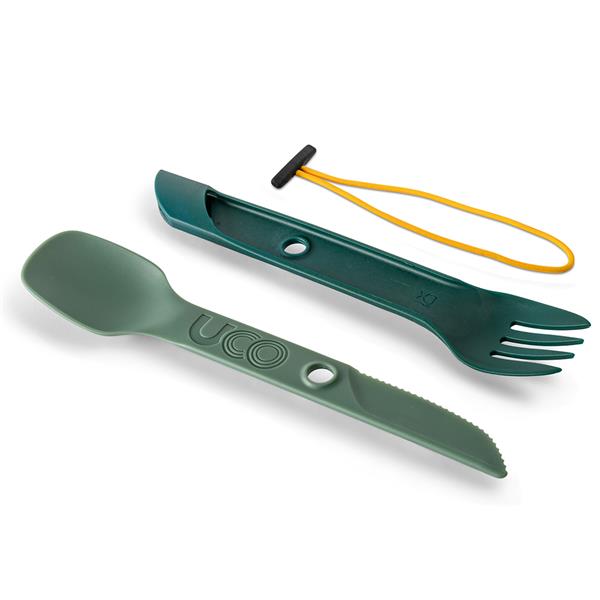 Forest green UCO Switch Spork shown extended in long-handled mode