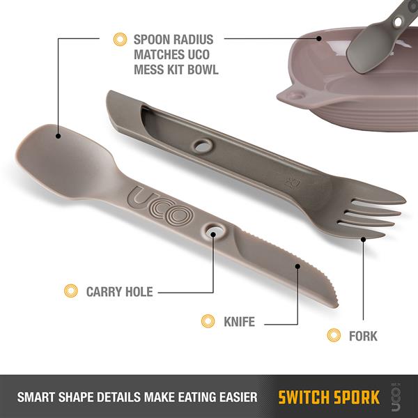 Forest green UCO Switch Spork shown extended, with both the fork and spoon ends visible together