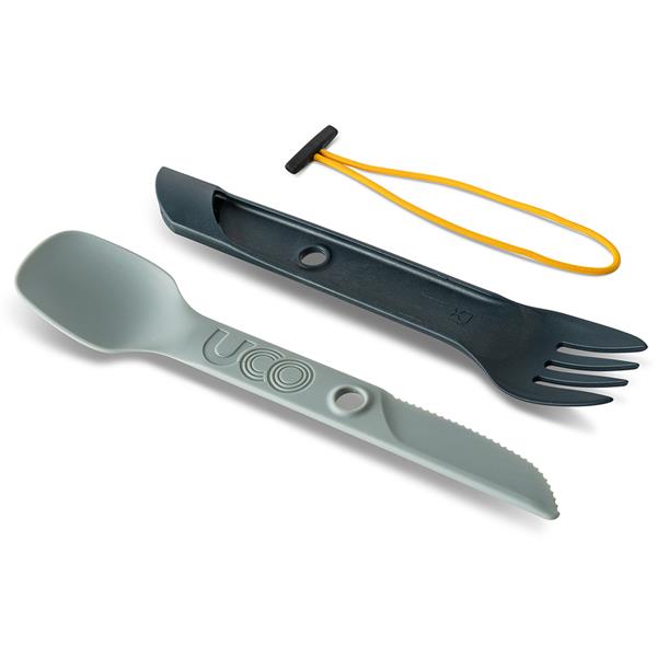 Navy blue UCO Switch Spork shown both folded and extended side by side
