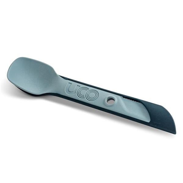 Ice blue UCO Switch Spork shown extended in long-handled mode