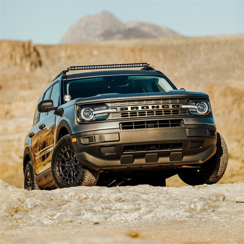 Rigid Industries Bronco Sport roof mount holding an RDS SR-Series curved LED light bar