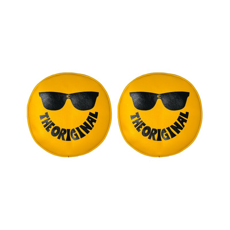 KC HiLiTES Retro 8in Round Yellow Vinyl Light Cover with Black KC Logo (Pair), detail view