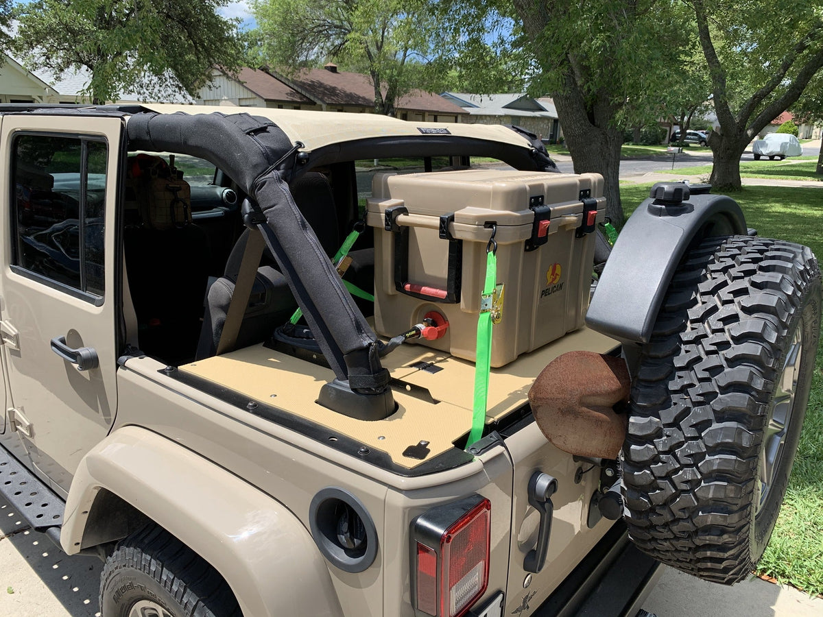 Tan Jeep JKU with a cooler strapped to the Slipstream tie-down rails