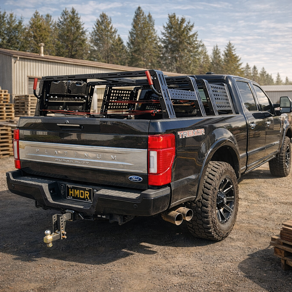Black Ford Super Duty with HMOR ROCK-IT rack, rear quarter view