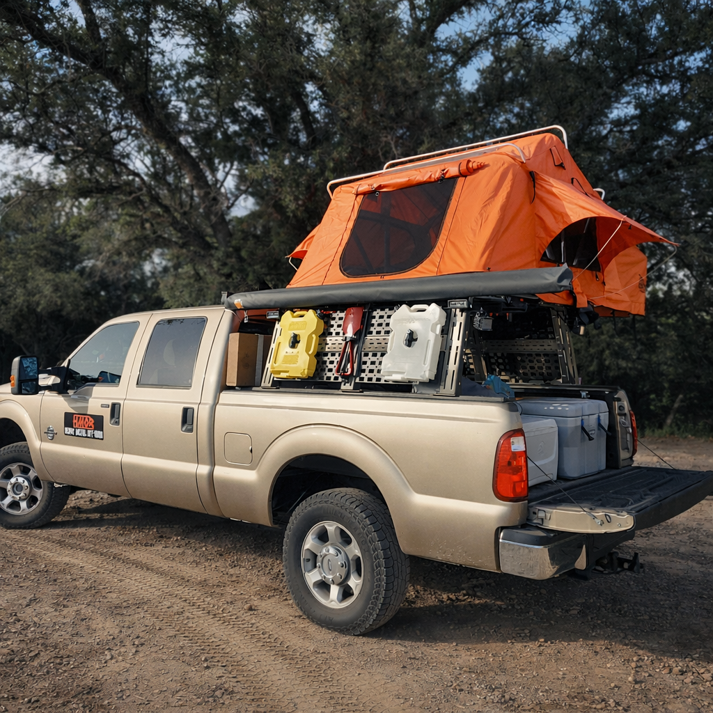 Super Duty with orange rooftop tent open on a ROCK-IT rack