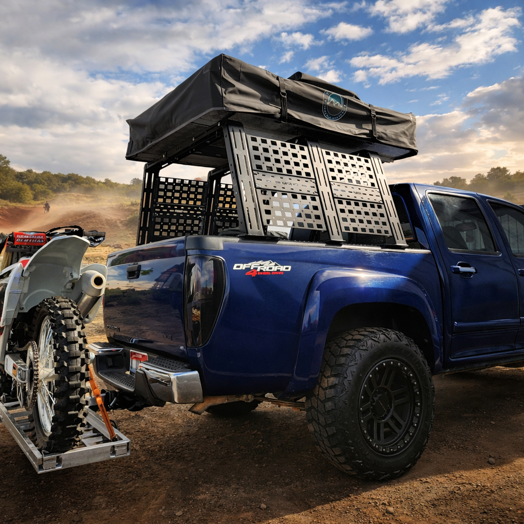Blue midsize pickup with ROCK-IT rack, rooftop tent and dirt bike on a hitch carrier