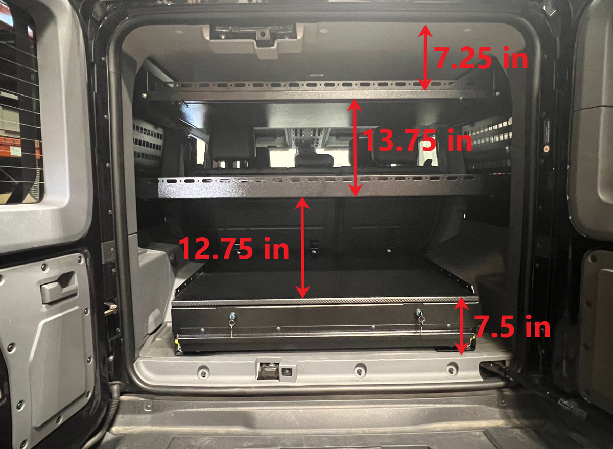 Grenadier cargo area with height callouts for the drawer, Mid Deck and Upper Deck levels