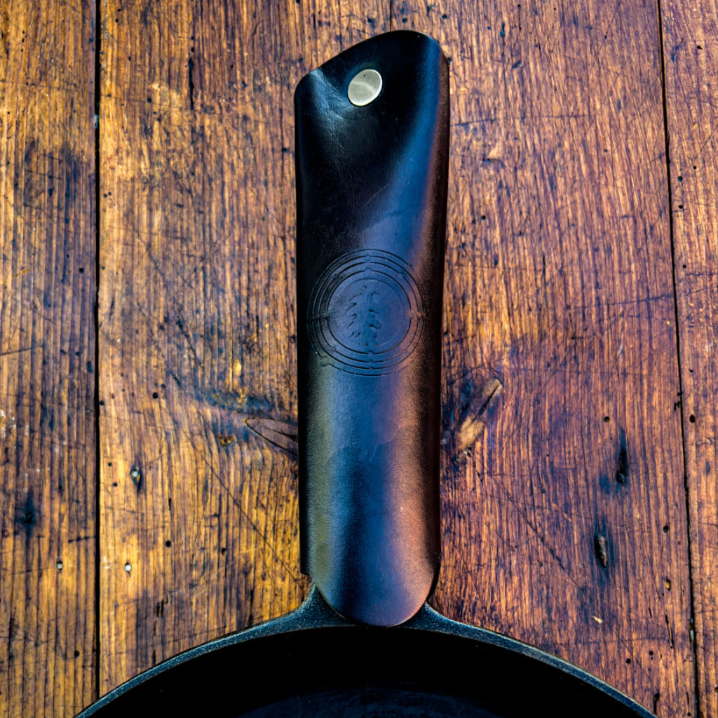 Handmade Leather Skillet Handle Cover Black Dryad Cookery- Overland Kitted