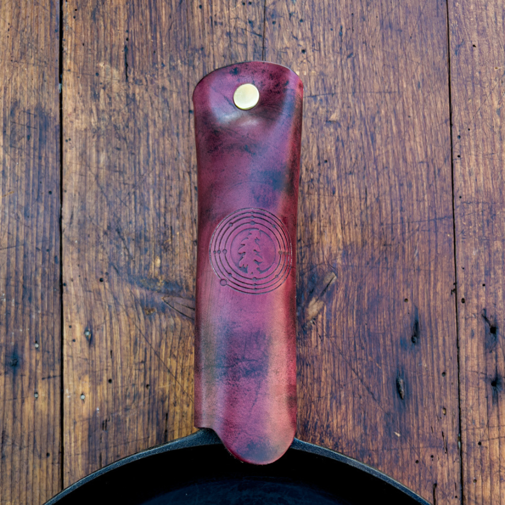 Handmade Leather Skillet Handle Cover Mahogany Dryad Cookery- Overland Kitted