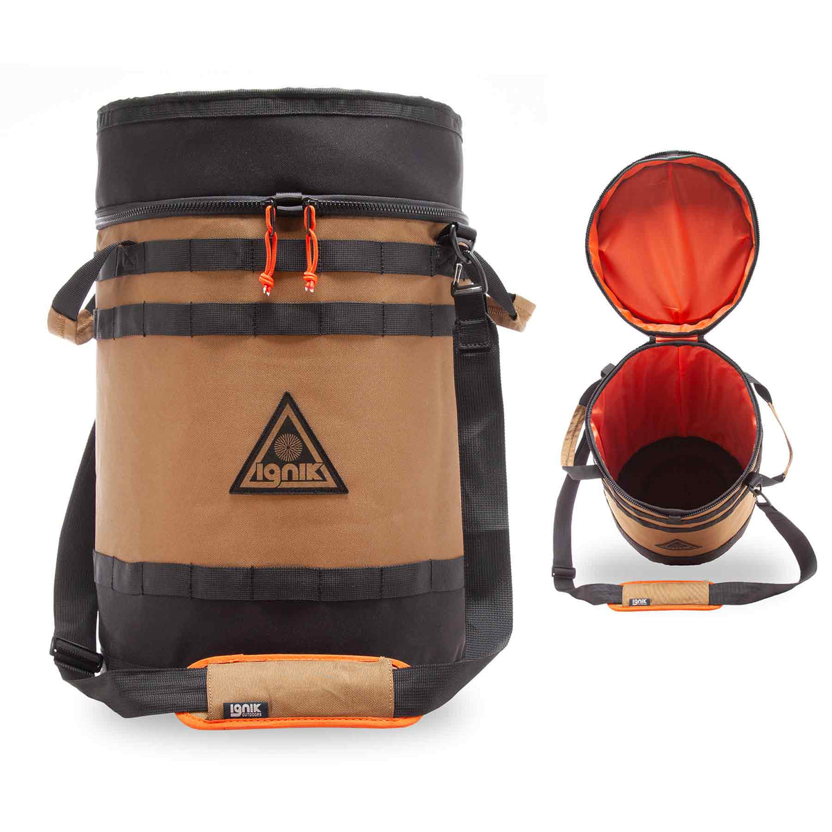 Ignik 20lb tank case seat – tan and black case with orange liner, closed and open