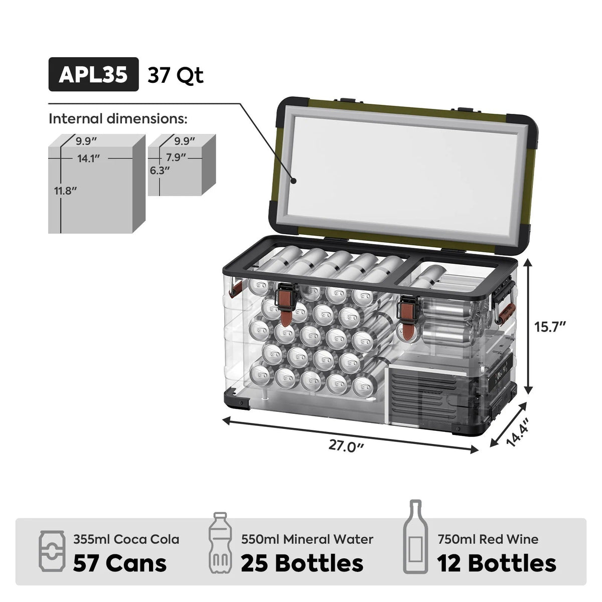APL35 dimensions and capacity graphic showing 37 quarts, 57 cans, 25 bottles and 12 wine bottles