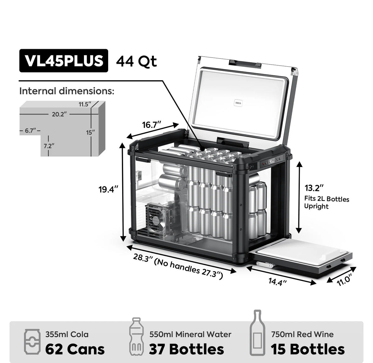 VL45Plus dimensions and capacity graphic showing 44 quarts, 62 cans, 37 bottles and 15 wine bottles