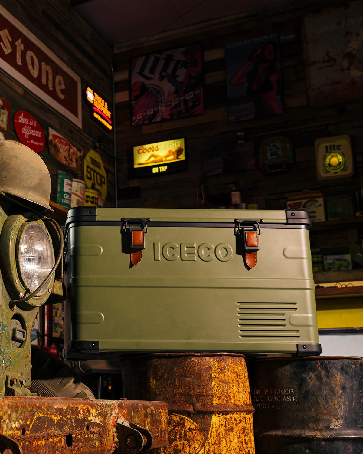 ICECO Jeep APL35 fridge on a workbench in a garage setting