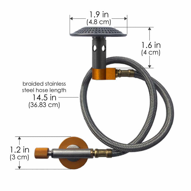 Measurement chart of a camping stove with braided stainless steel hose on a white background
