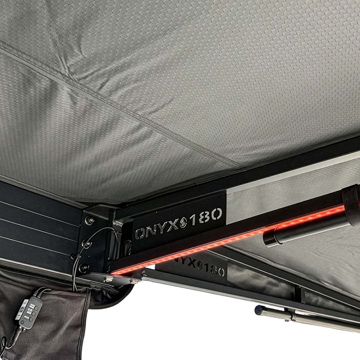 23ZERO Onyx 180 Awning deployed with telescoping support poles and guy ropes staked out