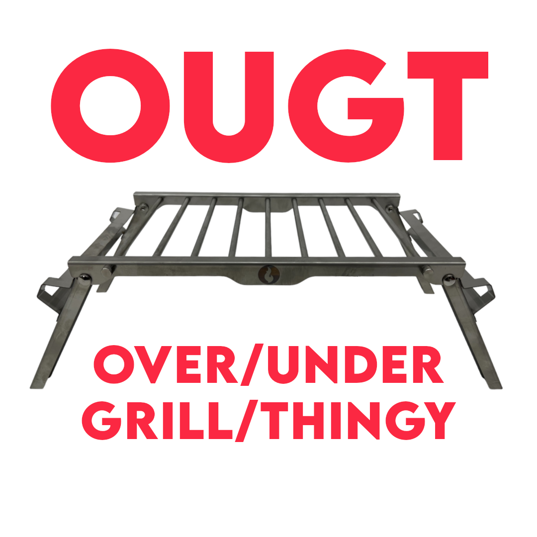 Graphic illustration of the Over/Under Grill accessory over a flame-orange background