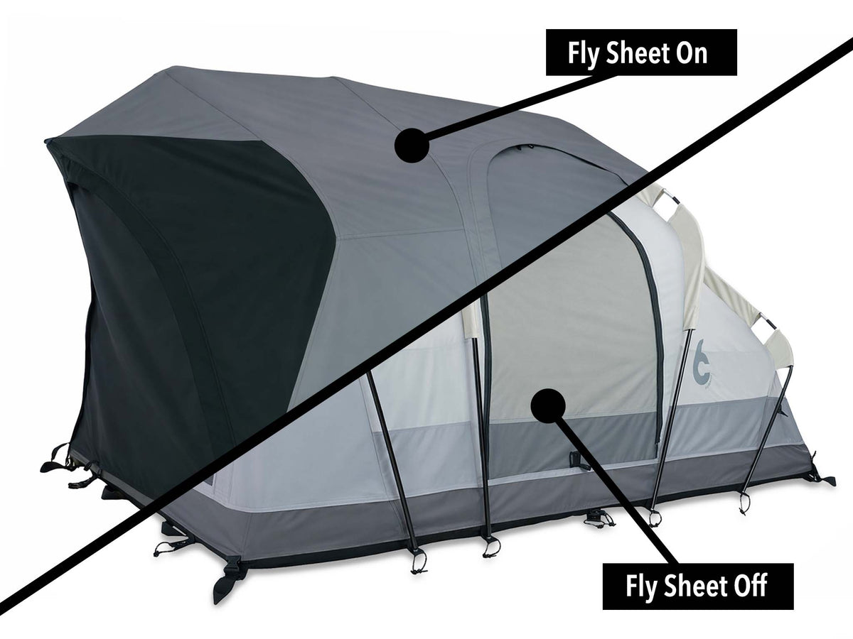C6 Rev Rooftop Tent X (HellaStorm) – diagram showing fly sheet on and off