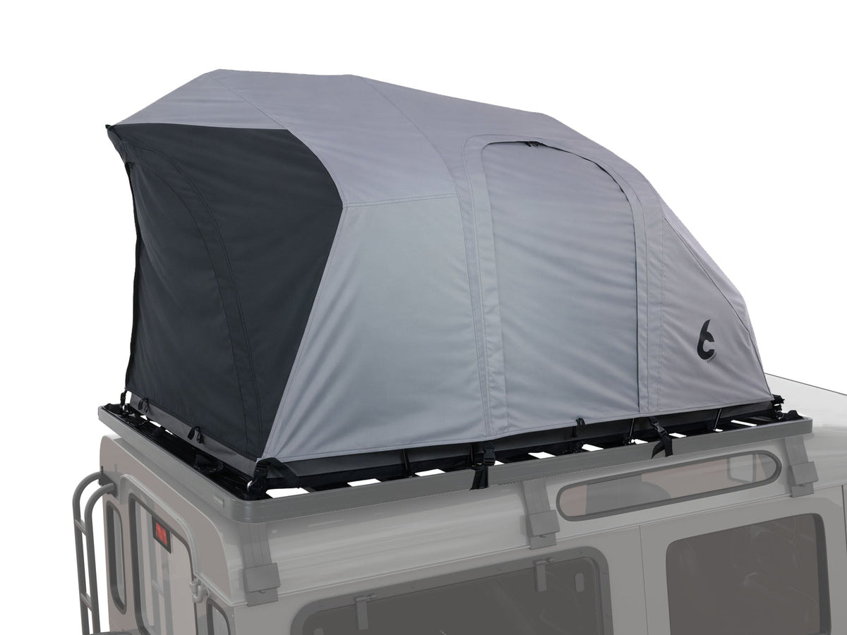 C6 Rev Rack Tent (HellaStorm) – on a vehicle roof rack with dark fly sheet