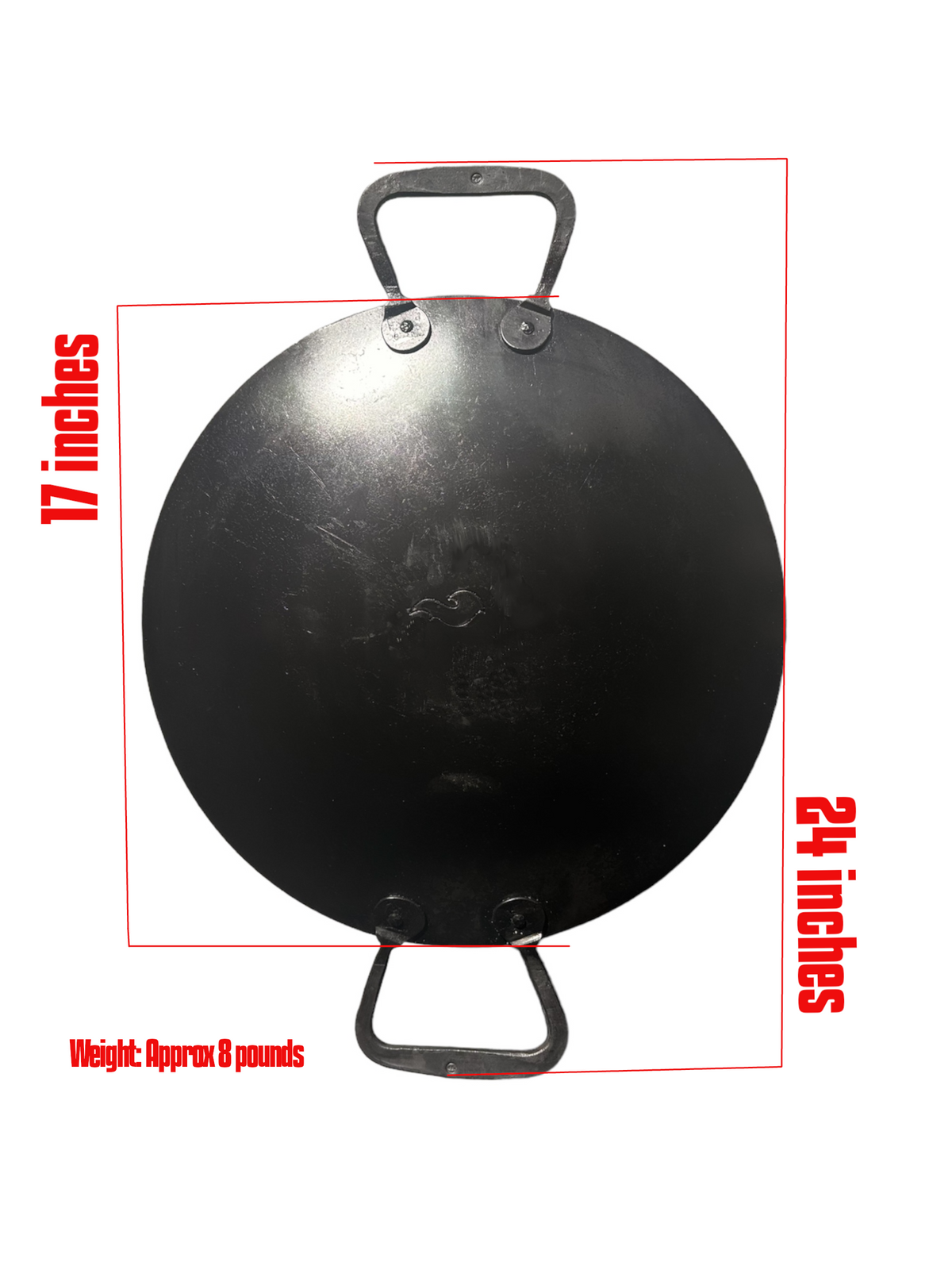 Product dimension graphic of a round black steel griddle disc showing its diameter and approximate weight