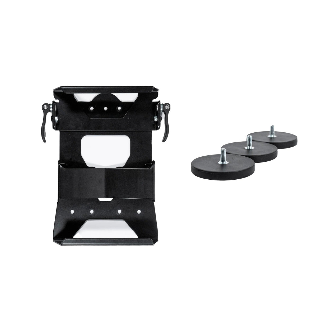 Revolink quick release bracket with cam levers beside three rubber-coated magnets