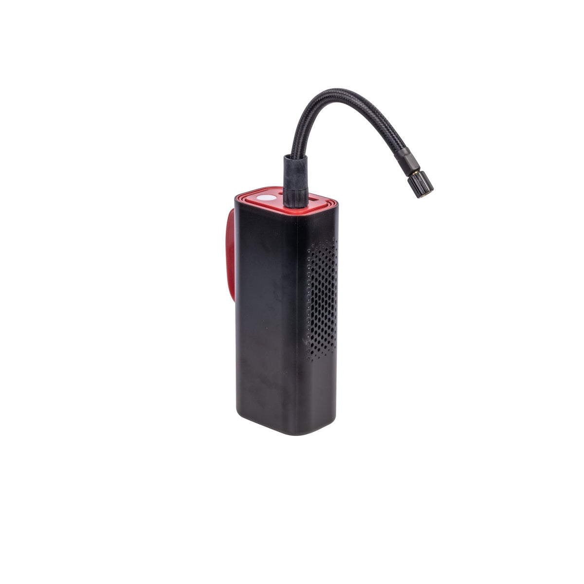 AirSpark compressor side view showing the perforated speaker grille and red carry clip