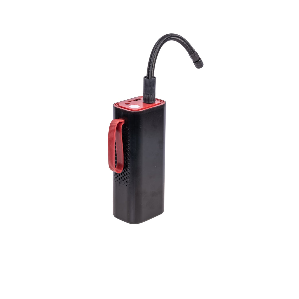 AirSpark compressor angled side view showing the flexible hose and rubberized button panel