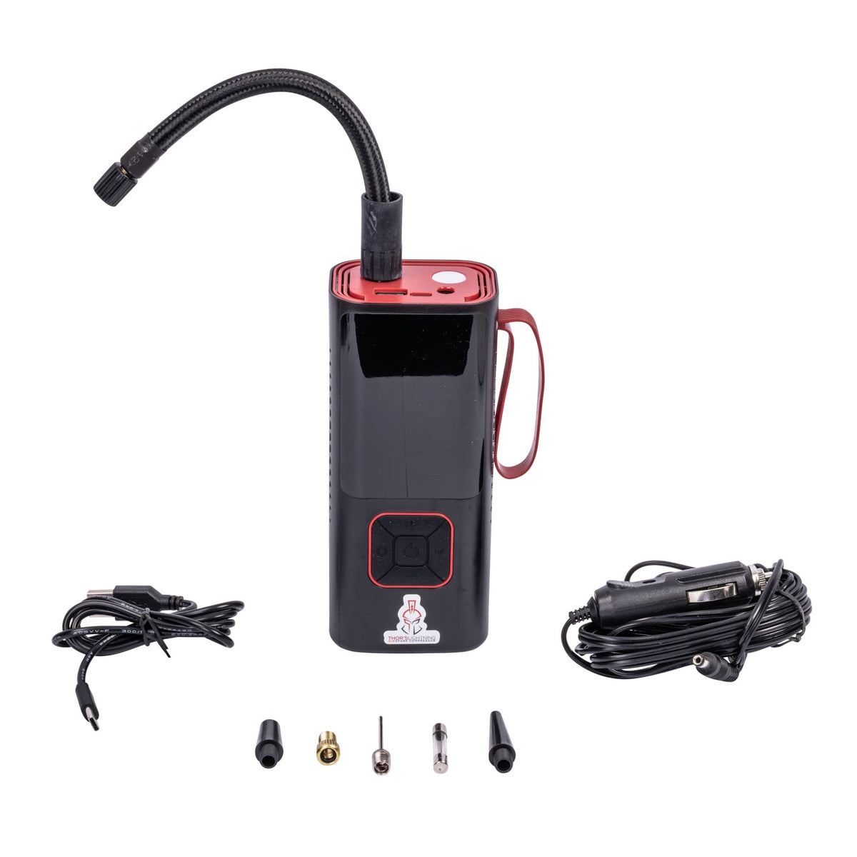 Thor's Lightning AirSpark portable air compressor, angled front view showing digital display, flexible hose, and carry clip