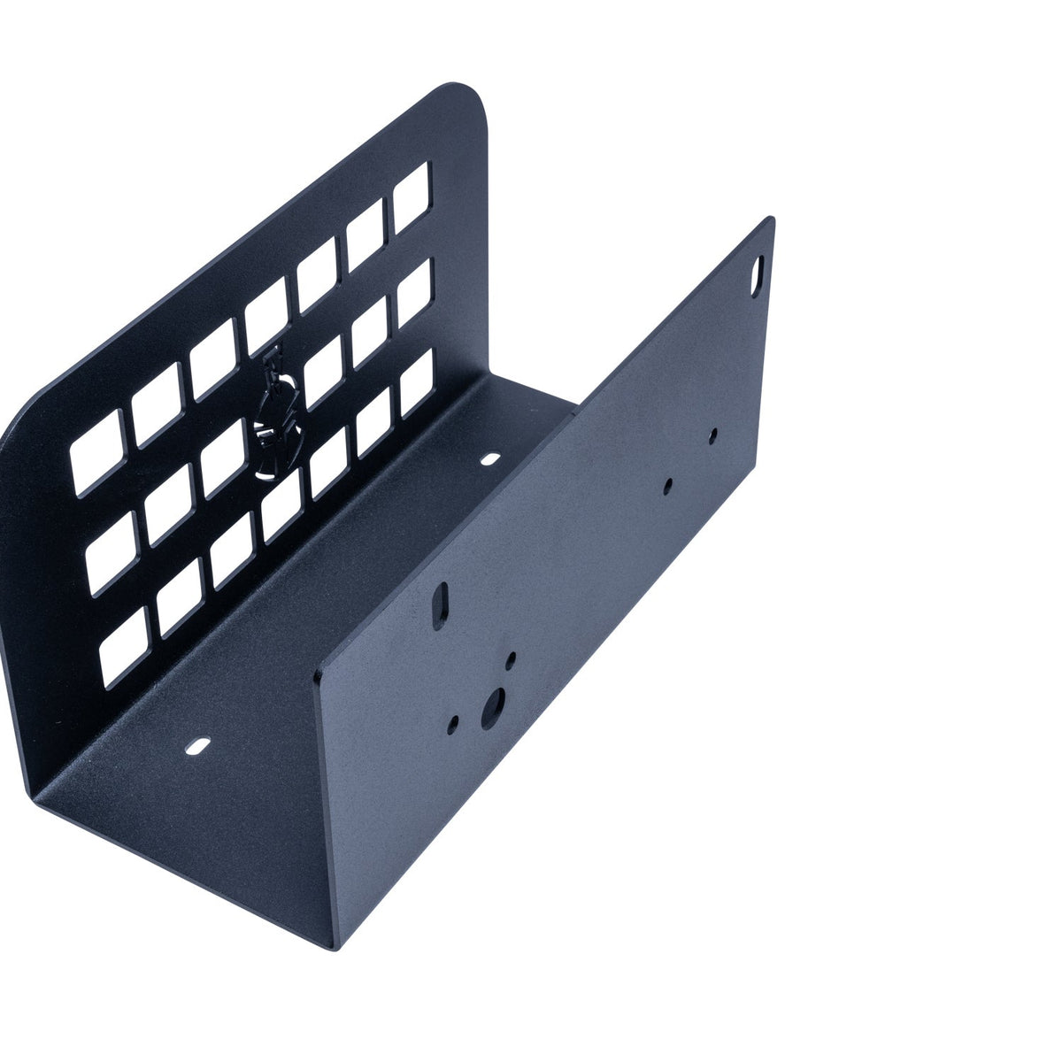 Refuge MOLLE compressor mount, three-quarter view of the black steel bracket