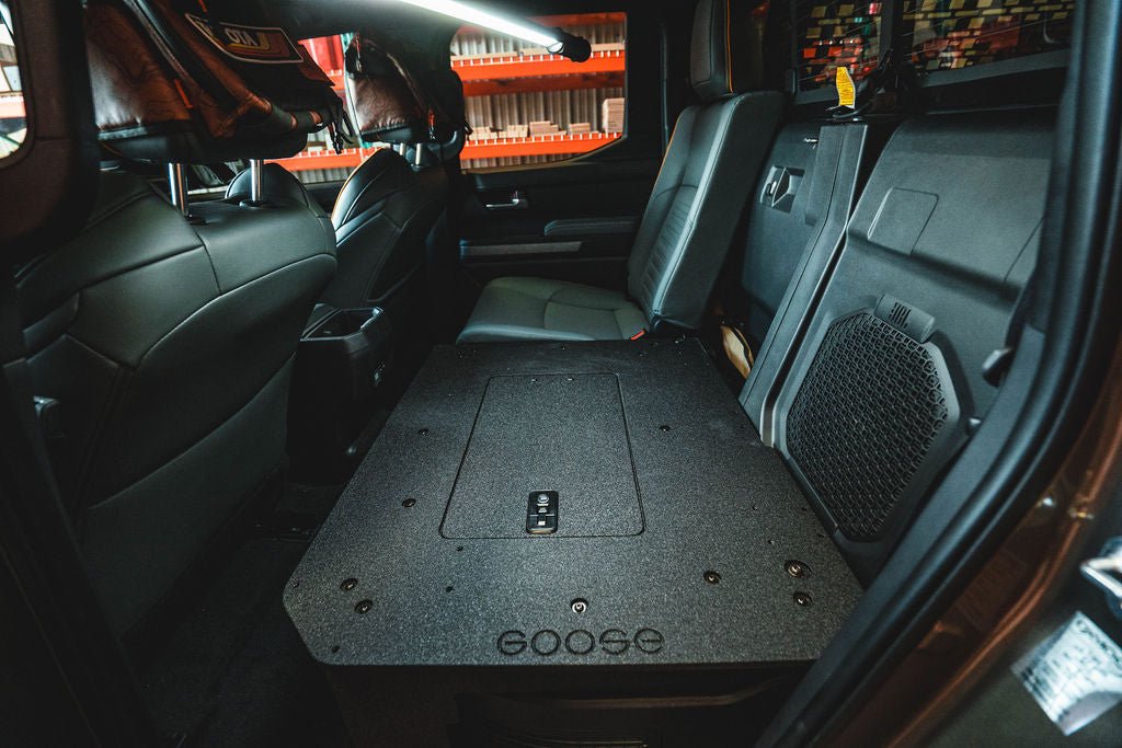 Toyota Tacoma - 2024-Present - 4th Gen - Hybrid - Double Cab - Explore Series - Seat Delete Plate System - Second Row 60% Driver Seat Delete with Subwoofer Seat Delete Plate System Goose Gear- Overland Kitted