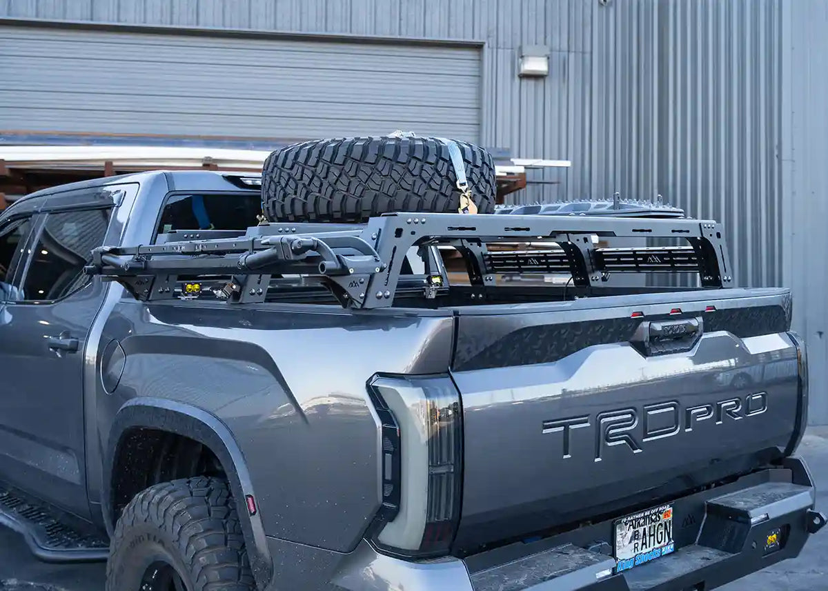 Toyota Tundra Mid Height bed rack with mounted accessories
