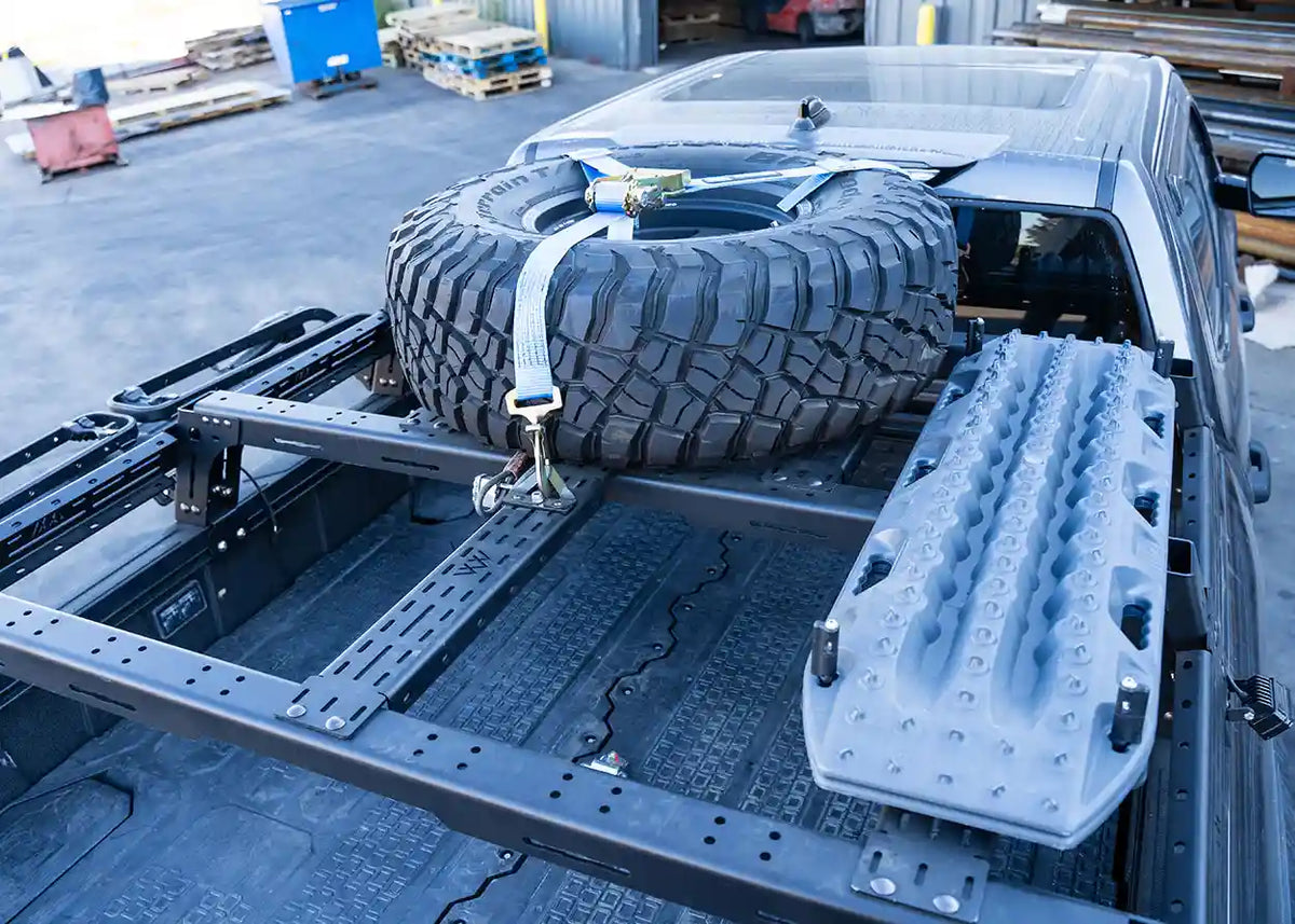Toyota Tundra Mid Height bed rack modular side panel mounting system, close-up