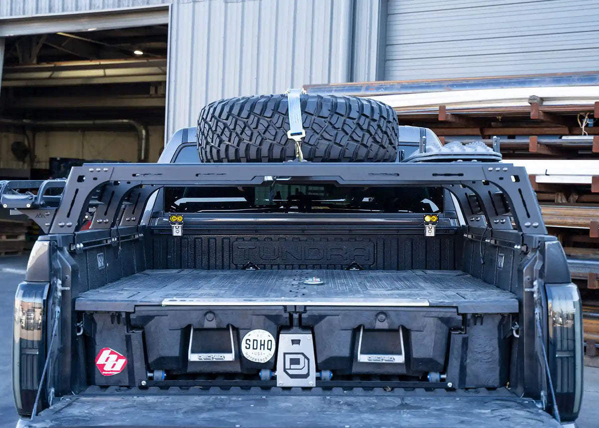 Toyota Tundra Mid Height bed rack, rear view installed in the truck bed