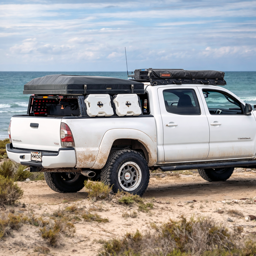 Tacoma with ROCK-IT rack, rooftop tent and white water cans parked at the beach