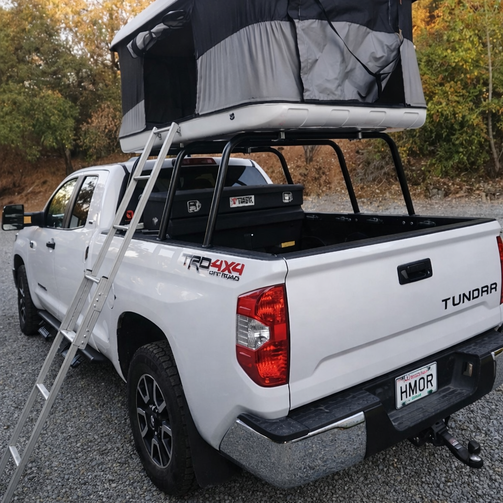 White Toyota Tundra with rooftop tent and ladder on HMOR bed bars
