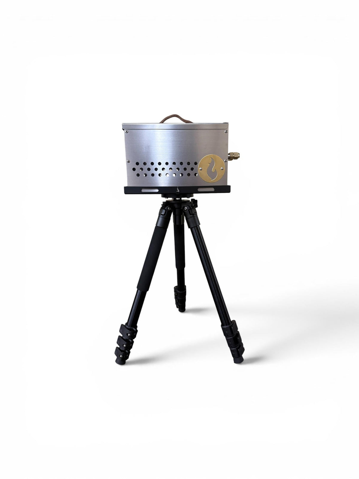 Stainless steel firebox mounted on the Daddy Long Legs tripod stand, studio shot on white background