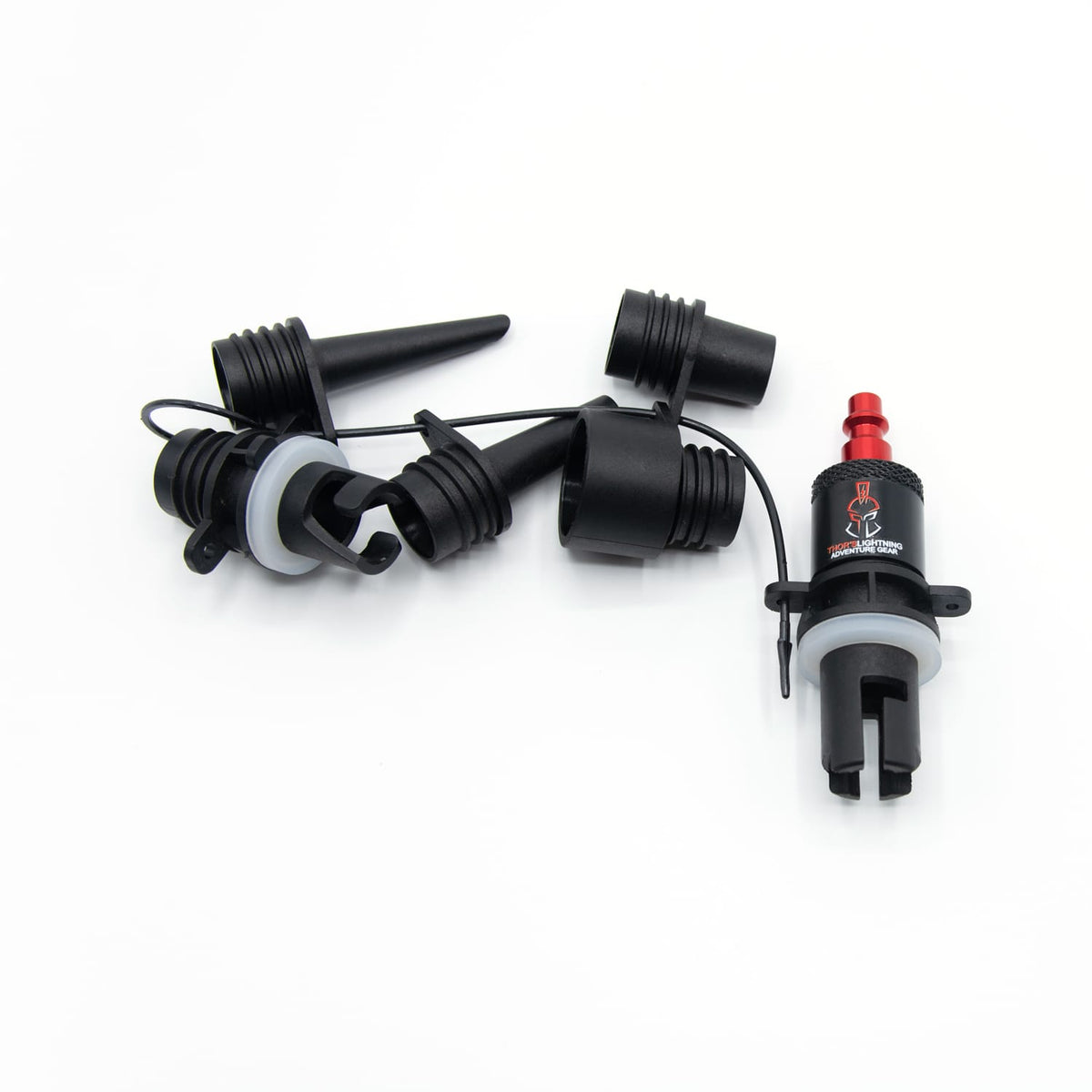 Marine Inflatable Adapter's six valve attachments arranged with the hose adapter, product photo on white background
