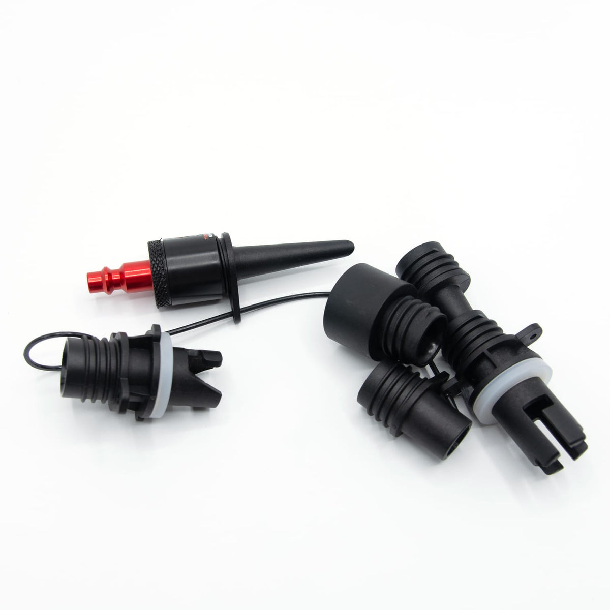 Marine Inflatable Adapter's valve attachments and red-tipped hose adapter, product photo on white background