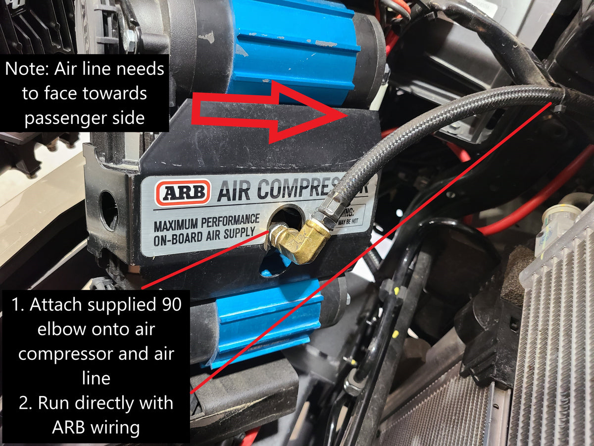 Installed compressor with on-image notes about air line direction and the 90-degree elbow